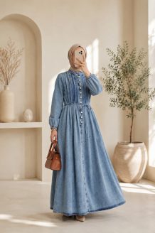 Vestido Denim con Manga Globo y Cinturón