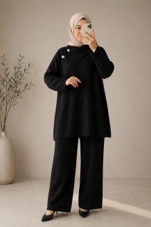 Conjunto de punto con cuello camisero y pantalón negro